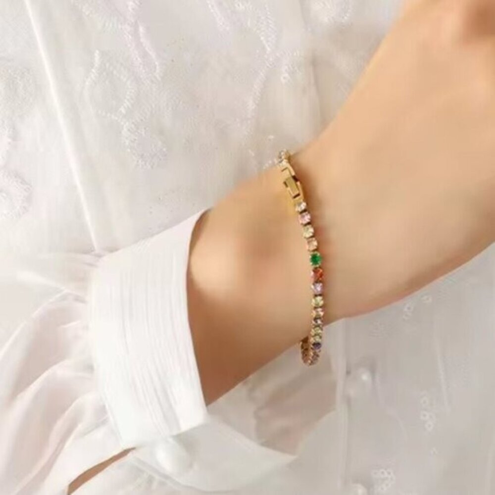 Colorful CZ Tennis Bracelet Waterproof Gold Stacking Bracelet Gold Box Clasp - Picture 9 of 15